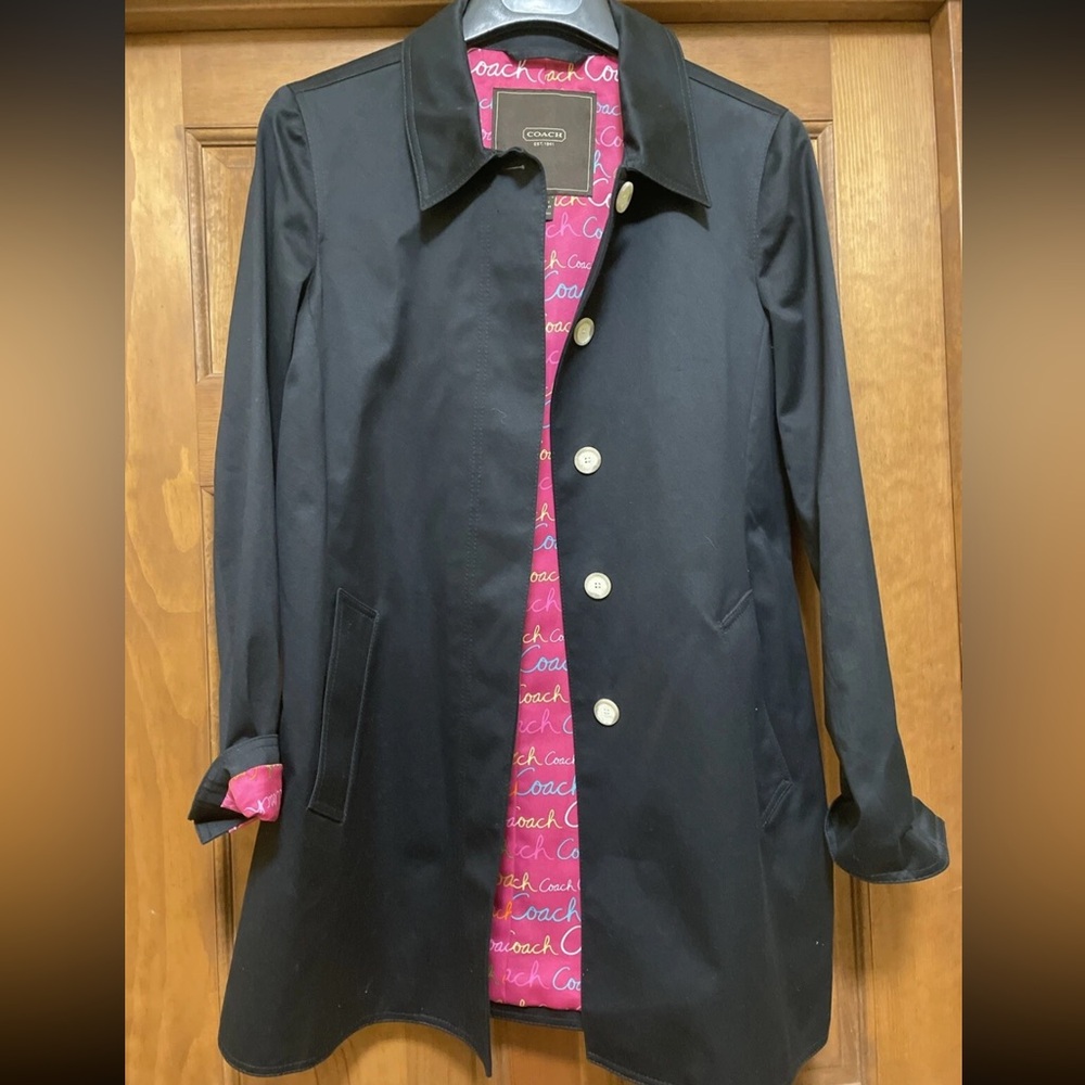 Coach Women's Black Trench Coat with Pink Interior size L